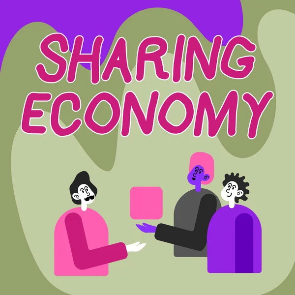 Texte manuscrit Sharing Economy. Aperçu de l'entreprise Consommation collaborative ou partage par les pairs Collèges affichant le cube représentant le travail d'équipe Discuter du projet futur. — Photo