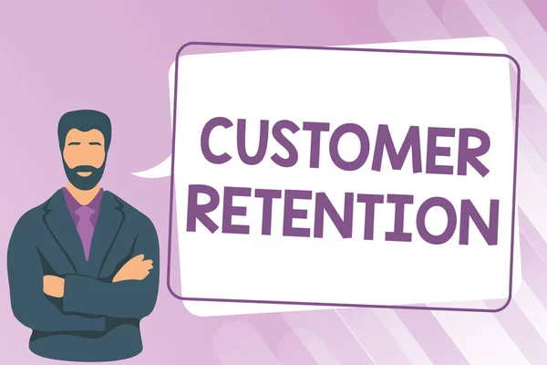 Conceptual caption Customer Retention. Word for activities companies take to reduce user defections Man Crossing Hands Illustration Standing With Speech Bubble Message.