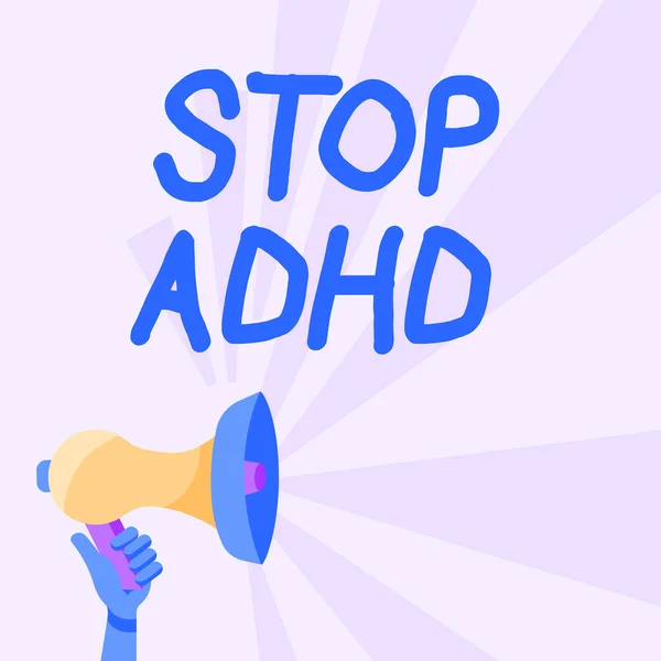 概念显示停止Adhd 。互联网概念用太阳光公告法治疗一种影响儿童手持式扩音器的大脑和行为的障碍. — 图库照片