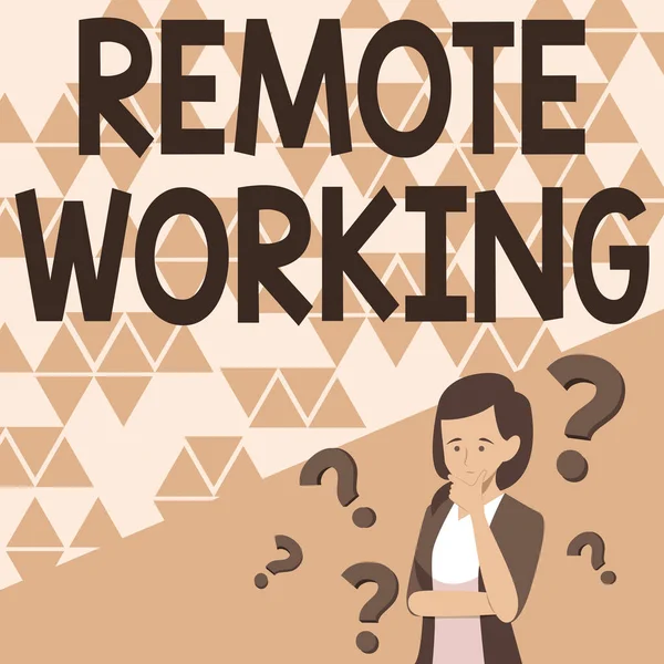 Konzeptionelle Anzeige Remote Working. Geschäftskonzept, das es Profis ermöglicht, außerhalb eines Büros zu arbeiten Lady Drawing Brainstorming Neue Lösungen mit Fragezeichen umgeben. — Stockfoto