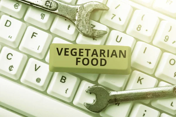 Skriv på och visa vegetarisk mat. Word Skrivet på hänvisar till köket som uppfyller en vegan s är villkor Ansluta med online-vänner, Göra bekantskaper på Internet — Stockfoto