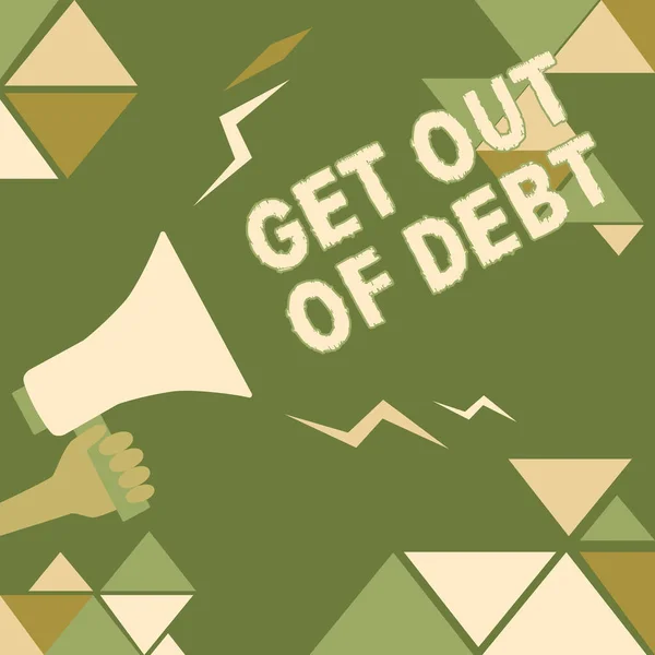 Tekst pokazujący inspirację Get Out of Debt. Conceptual photo changing spending habit Naucz się budżetować priorytetyzowanie długów Ilustracja głośnego megafonu Dokonywanie ogłoszeń do publicznej wiadomości. — Zdjęcie stockowe