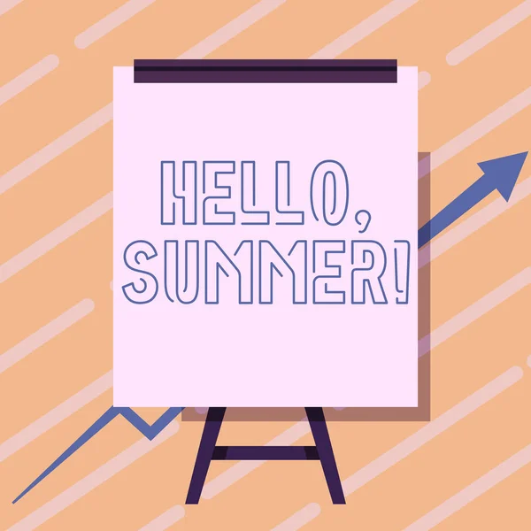 こんにちは、夏を示すテキスト記号。今年の暑い季節が経験されたときに使用される挨拶に書かれた言葉成長グラフを提示行く矢印とホワイトボードの図面. — ストック写真