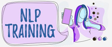 Conceptual caption Nlp Training. Concept meaning words have power approach includes seminar, coaching, training, and advice Line Drawing For Lady Holding Phone Presenting New Ideas With Speech Bubble. clipart