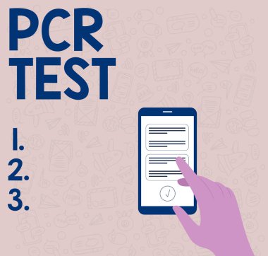El yazısı işareti PCR Testi. Akıllı Telefon Kullanımına Yeni Önemli Mesajlar Kullanılırken DNA İllüstrasyonunun kısa bölümü içinde viral genomun niteliksel tespiti.