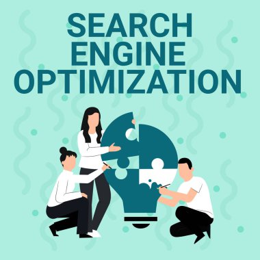 El yazısı işareti Arama Motoru optimizasyonu. İş dünyası web sitesi trafiğinin artırılması ve analitik çalışanlarının birbirlerine Ampul Yapbozu Yapboz Yapmaya Yardım Etmeleri Sözcüğü.