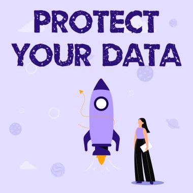 Kavramsal görüntü Verilerinizi Koruyun. İş dünyası siber güvenlik kasası ve dijital bilgiyi roket gemisinin yanında dikilen sıradan bir kızın kaybından veya dolandırıcılığından koruyor.