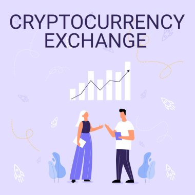 Kavramsal görünüm Kripto Para Takası. İş yaklaşımı, müşteriye diğer varlıklar için dijital para ticareti yapma olanağı sağlıyor Ortakların Yetenek Gelişimi için Harika Fikirleri Paylaşması İllüstrasyonu.