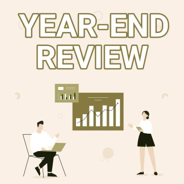 Yıl sonu incelemesini göster. İş dünyasının yıllık başarı ve hedef geliştirme değerlendirmesi. Dizüstü bilgisayar kullanan adam ve Gelişme İçin Kız Ayakta Kalan Fikirleri Paylaşan.