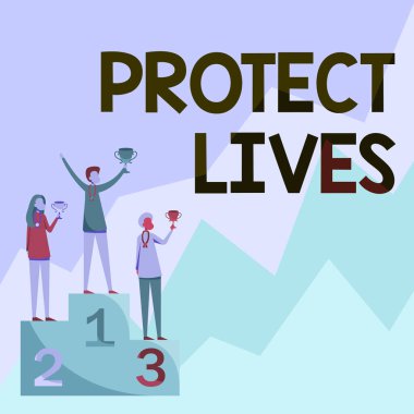 Hayatları Korumayı Sunan Metin başlığı. Hasar veya yıkımdan korunmak için iş fikri Podyum Holding Ödülleri 'nde dikilen üç yarışmacı Zaferi Kutluyor.