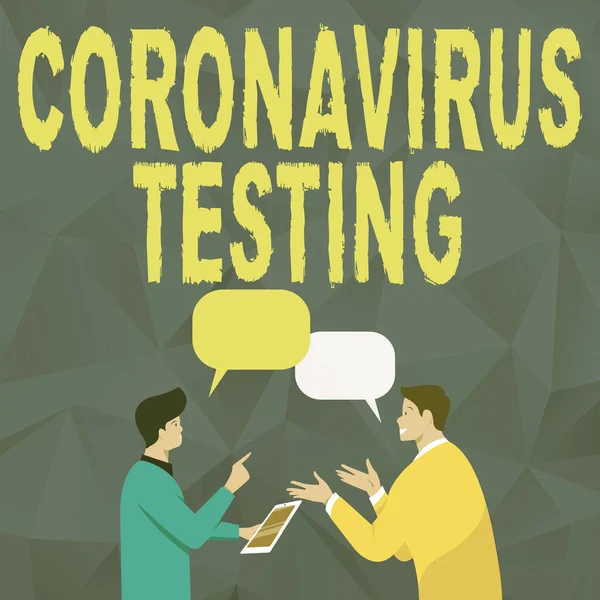 Текст, що показує натхнення для тестування на коронавірус. Концепція бізнесу Збірка зразків від життєздатного пацієнта для ідентифікації SARSCoV2 Два чоловіки Колеги Постійні думки спільно з промовою — стокове фото
