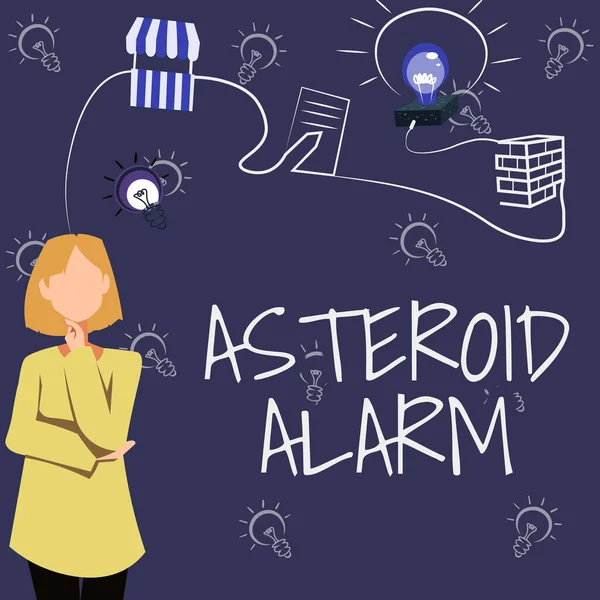 Podpis konceptualny Asteroid Alarm. Słowo Wpisany na ostrzeżenie, aby przygotować miasta w skale kosmicznej s jest tor lotu Kobieta Innowacyjne myślenie wiodące pomysły w kierunku stabilnej przyszłości. — Zdjęcie stockowe