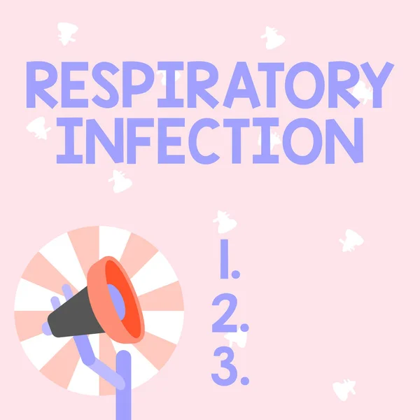 Señal de escritura a mano Infección respiratoria. Concepto que significa cualquier enfermedad infecciosa que afecta directamente a la respiración normal Ilustración del megáfono de poste con el sol se levanta haciendo anuncios. — Foto de Stock