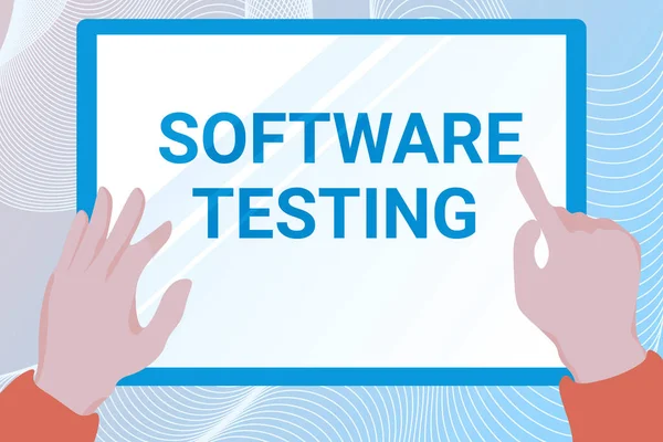 소프트웨어 시험 (Software Testing) 은 다음을 가리킨다. 정보를 표시하는 탭 스크린에 그림을 그리는 것 이 예상 손 삽화와 일치하는지 확인하기 위한 비즈니스 컨셉 활동. — 스톡 사진