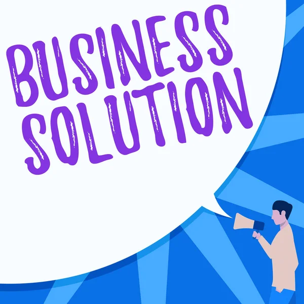 Handschrift Business Solution. Business showcase combinatie van ideeën om het bedrijf te helpen zijn doel te bereiken Man Drawing Hand In Pocket Holding Megaphone Met Grote Speech Bubble. — Stockfoto