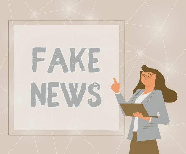 Handschriftteken Fake News. Woord voor valse informatie te publiceren onder het mom van authentiek nieuws Illustratie van Zakenvrouw Staande Holding Haar Laptop Presentatie Ideeën. — Stockfoto