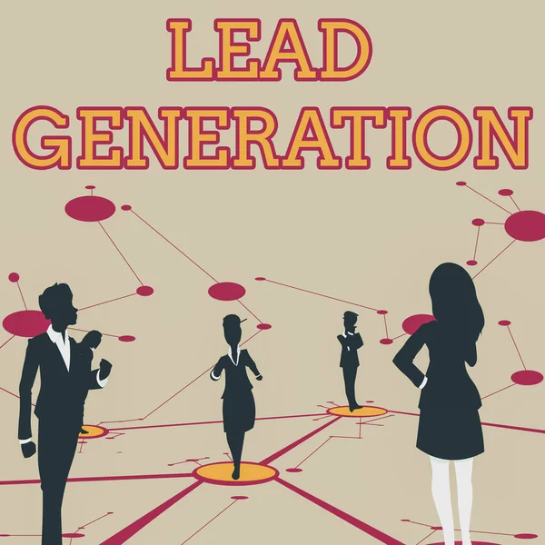 Texte inspirant Lead Generation. Vitrine d'affaires cultiver le client potentiel connecté à l'entreprise Plusieurs membres de l'équipe debout lignes connectées de pensée distinctes sur le plancher. — Photo