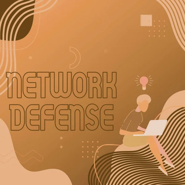 Legenda do texto apresentando Network Defense. Conceito que significa facilidades para proteger e defender a informação da perturbação Mulher sentada com laptop Realização ativa do trabalho a partir de novos pensamentos. — Fotografia de Stock