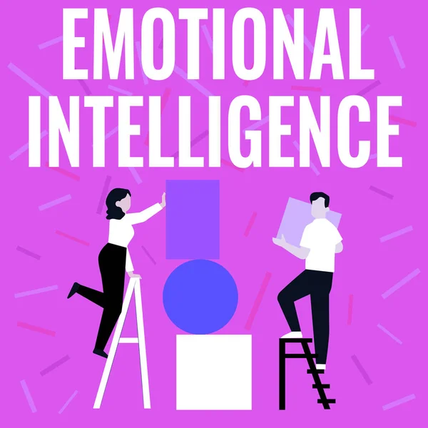 Sign displaying Emotional Intelligence. Business idea capacity to be aware of, control, one s is emotions Couple Drawing Using Ladder Placing Big Empty Picture Frames To A Wall.