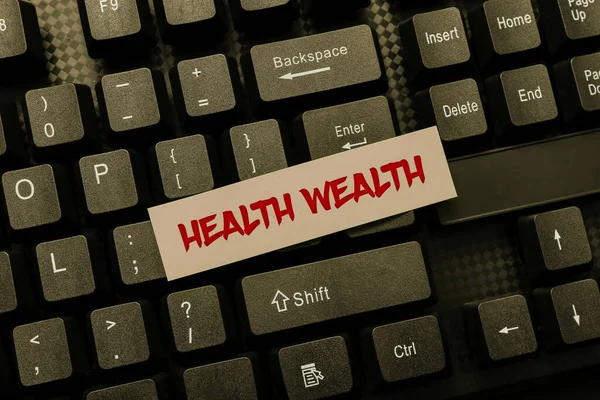 Légende textuelle présentant Health Wealth. Idée d'entreprise esprit sain et le corps peut vous apporter richesse et bonheur Résumé Dactylographie Documentations produit, Création de livre flambant neuf — Photo