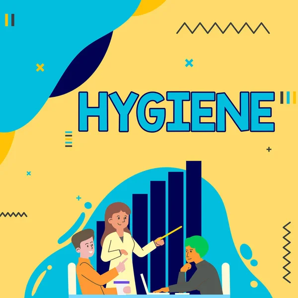 Writing displaying text Hygiene. Business approach study of science of the establishment and maintenance of health Lady Drawing Explaining To Her Teammate Process Steps. — Stock Photo, Image