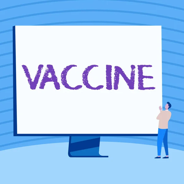 Signe indiquant Vaccin. Présentation d'affaires préparation des micro-organismes tués ou des organismes vivants atténués Homme debout dessin regardant grand écran Affichage Nouvelles. — Photo