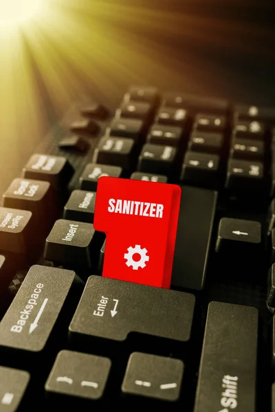 Λεζάντα κειμένου που παρουσιάζει Sanitizer. Επιχειρηματική επισκόπηση υγρό ή τζελ που χρησιμοποιείται γενικά για τη μείωση μολυσματικών παραγόντων Πληκτρολογώντας περιγραφές εικόνας και λέξεις-κλειδιά, Είσοδος Νέα ιστοσελίδα στο Διαδίκτυο — Φωτογραφία Αρχείου