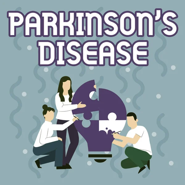 Έννοια λεζάντα Parkinsons Ασθένεια. Επιχειρηματική επισκόπηση χρόνια προοδευτική νευρολογική ασθένεια της μετέπειτα ζωής Εργαζόμενος Σχέδιο Βοηθώντας ο ένας τον άλλο Building Light παζλ βολβών. — Φωτογραφία Αρχείου