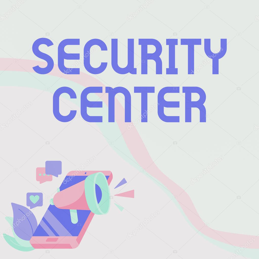 Text caption presenting Security Center. Business concept centralized unit that deals with security issues of company Phone Drawing Sharing Comments And Reactions Through Megaphone.