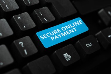 Güvenli Çevrimiçi Ödeme sunan metin başlığı. Güvenli dijital teknoloji, elektronik havale, soyut ofis daktilo işleri, daktilo önemli iş raporları.