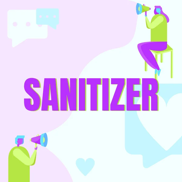 Handskrift skylt Sanitizer. Business showcase vätska eller gel används i allmänhet för att minska smittämnen Man stående och kvinna sitter både håller Megaphone med meddelande Symbol. — Stockfoto