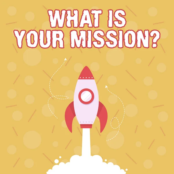 Text, der Inspiration zeigt What Is Your Mission Question. Geschäftskonzept, das Ihre Ziele kennt, kann Sie zum Erfolg führen Illustration des Raketenstarts schnell geradeaus in den Weltraum. — Stockfoto