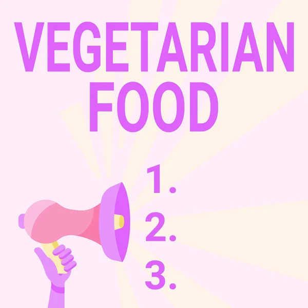 Teksten weergeven Vegetarisch eten. Business overzicht keuken verwijst naar voedsel dat voldoet aan vegetarische normen Megaphone Tekenen Produceren Verlichting maken Aankondiging. — Stockfoto