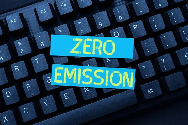 Handschriftliches Zeichen Zero Emission. Die Unternehmensübersicht bezieht sich auf einen Motor, der keine Luftschadstoffe ausstößt. — Stockfoto