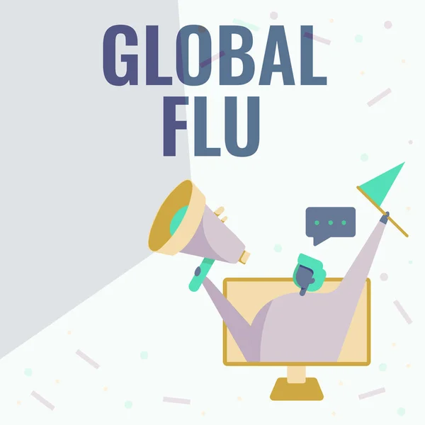 Küresel Grip ilhamı gösteren bir metin. İnternet Kavramı Yaygın Hastalığı Dünya çapında hızla yayılan Ekran İçindeki Kadın Ekran Tutucu Megafon ve Bayrak Çekiyor. — Stok fotoğraf