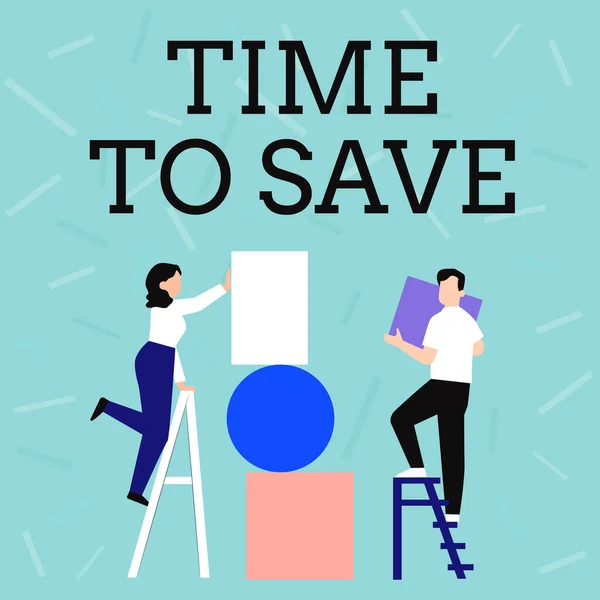 Inspiration showing sign Time To Save. Word Written on to do something more efficiently that less time is required Couple Drawing Using Ladder Placing Big Empty Picture Frames To A Wall. — Stock Photo, Image