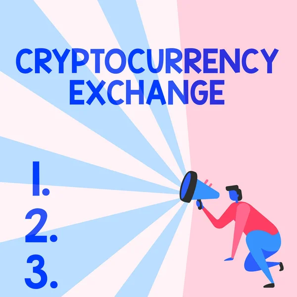 Szöveges jel mutatja Cryptocurrency Exchange. Internet Concept lehetővé teszi az ügyfél számára, hogy digitális pénzt cseréljen más eszközökre Illusztráció egy személy térdre segítségével Megafon, hogy az új bejelentés. — Stock Fotó