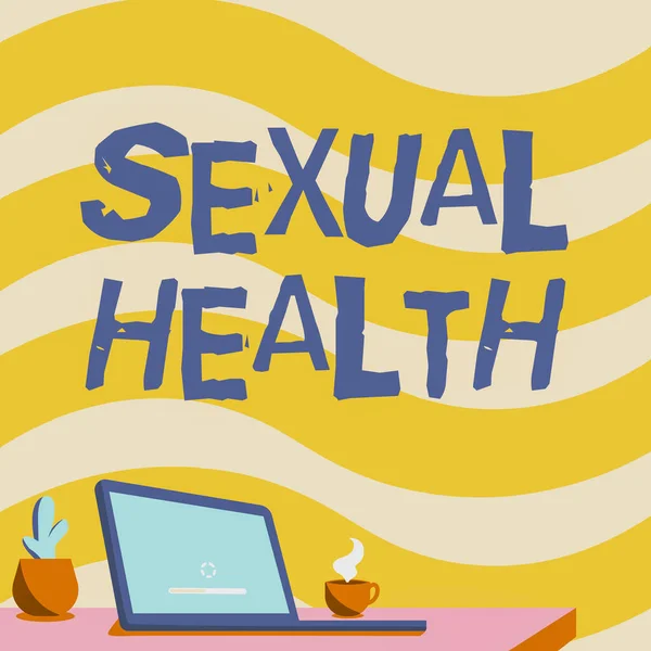 Text bildtext som presenterar sexuell hälsa. Ord för förmåga att omfamna och njuta av sexualitet under hela våra liv Office Desk Ritning med bärbar penna hållare och en öppen och arrangerad — Stockfoto