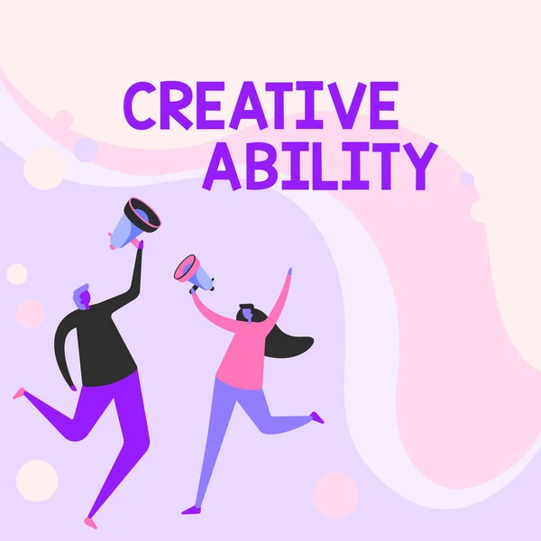 Inspiratie met teken Creatief vermogen. Word Written on power to act freely to show itself without limitation Illustration Of Partners Jumping Around Sharing Thoughts Through Megaphone. — Stockfoto