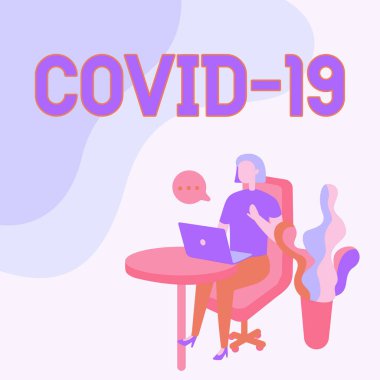 Covid19 'u sunan metin başlığı. İş yaklaşımı, Coronavirus Kadın Oturma Masası 'nın Konuşma Baloncuğu Tesisi' nin yanında Laptop kullanarak sebep olduğu hafif ya da ağır solunum hastalığına neden oluyor..