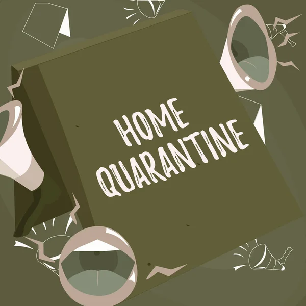 Текст с надписью "Home Quarantine". Бизнес-идея столкнулся с возможным воздействием со стороны общественности для наблюдения Мегафоны губ громко делать новое объявление для общественности. — стоковое фото
