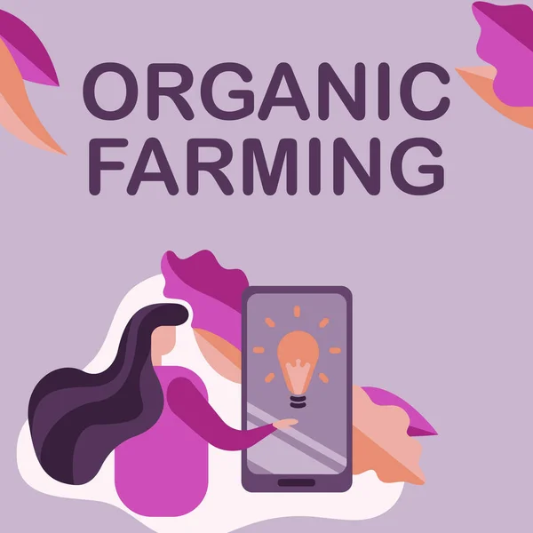 İlham verici organik çiftçiliği gösteren bir metin. Ekolojik bazlı haşere kontrolü kullanan iş yaklaşımı Mobil Telefonun Kadın Baskı Ekranı Geleceğin Teknolojisini Gösteriyor. — Stok fotoğraf