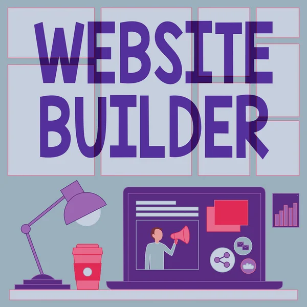 Inspiration zeigt Zeichen Website Builder. Geschäftsidee Aufbau von Webseiten ohne manuelle Codebearbeitung Laptop auf einem Tisch neben Kaffeebecher und Schreibtischlampe zeigt Arbeitsprozess. — Stockfoto