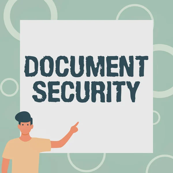 Podpis Conceptual Document Security. Koncepcja oznaczająca utrzymanie bezpieczeństwa wszystkich ważnych archiwów Rysowanie dżentelmena Stojący palec w białej tablicy. — Zdjęcie stockowe