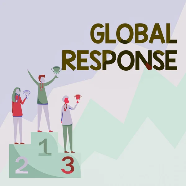 Szöveg megjelenítése Global Response. A szó az anyag viselkedését jelzi az ütközési ponttól távol Három versenyző áll a pódiumon, akik a győzelmet ünneplik. — Stock Fotó