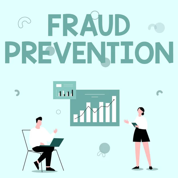 Text sign showing Fraud Prevention. Word Written on to secure the enterprise and its processes against hoax Man Using Laptop And Girl Standing Sharing Ideas For Improvement.