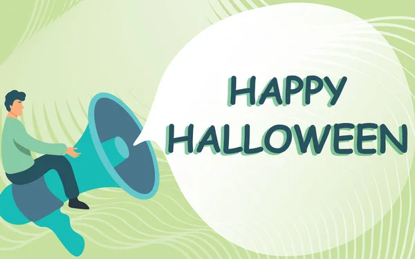 Boldog Halloweent! Üzleti koncepció egy nap kapcsolatos ijesztő szempont, kísértetjárta ház, és egy cukorka Úriember rajz lovaglás nagy megafon bemutató beszéd buborék. — Stock Fotó