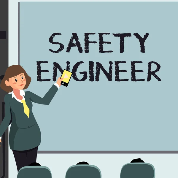 Signo de texto que muestra al ingeniero de seguridad. Persona de concepto de negocio que inspecciona todos los puntos de peligro posibles en una fábrica Mujer con control remoto Presentando nuevas ideas en la pantalla de fondo. — Foto de Stock