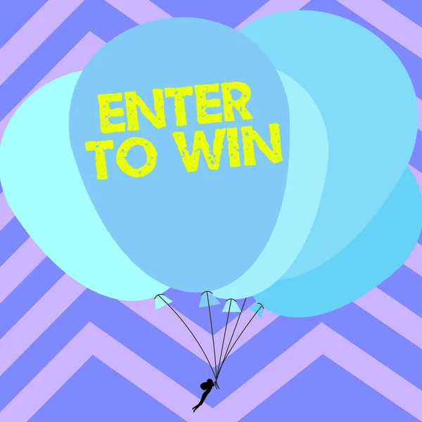 Εγγραφή εμφάνισης κειμένου Enter To Win. Επιχειρηματική επισκόπηση ανταλλαγή κάτι αξίας για την ευκαιρία βραβείο κερδίζοντας βραβείο Man Holding Πολύχρωμα Μπαλόνια Σχέδιο Πετώντας γύρω από ριγέ φόντο. — Φωτογραφία Αρχείου