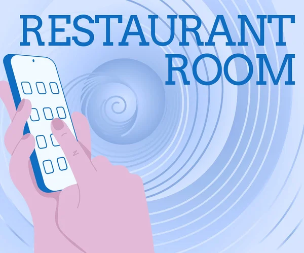 Écriture affichant le texte Restaurant Room. Mot pour montrer payer pour s'asseoir et manger des repas qui sont cuits et servis mains tenant dispositif technologique appuyant sur le bouton d'application. — Photo